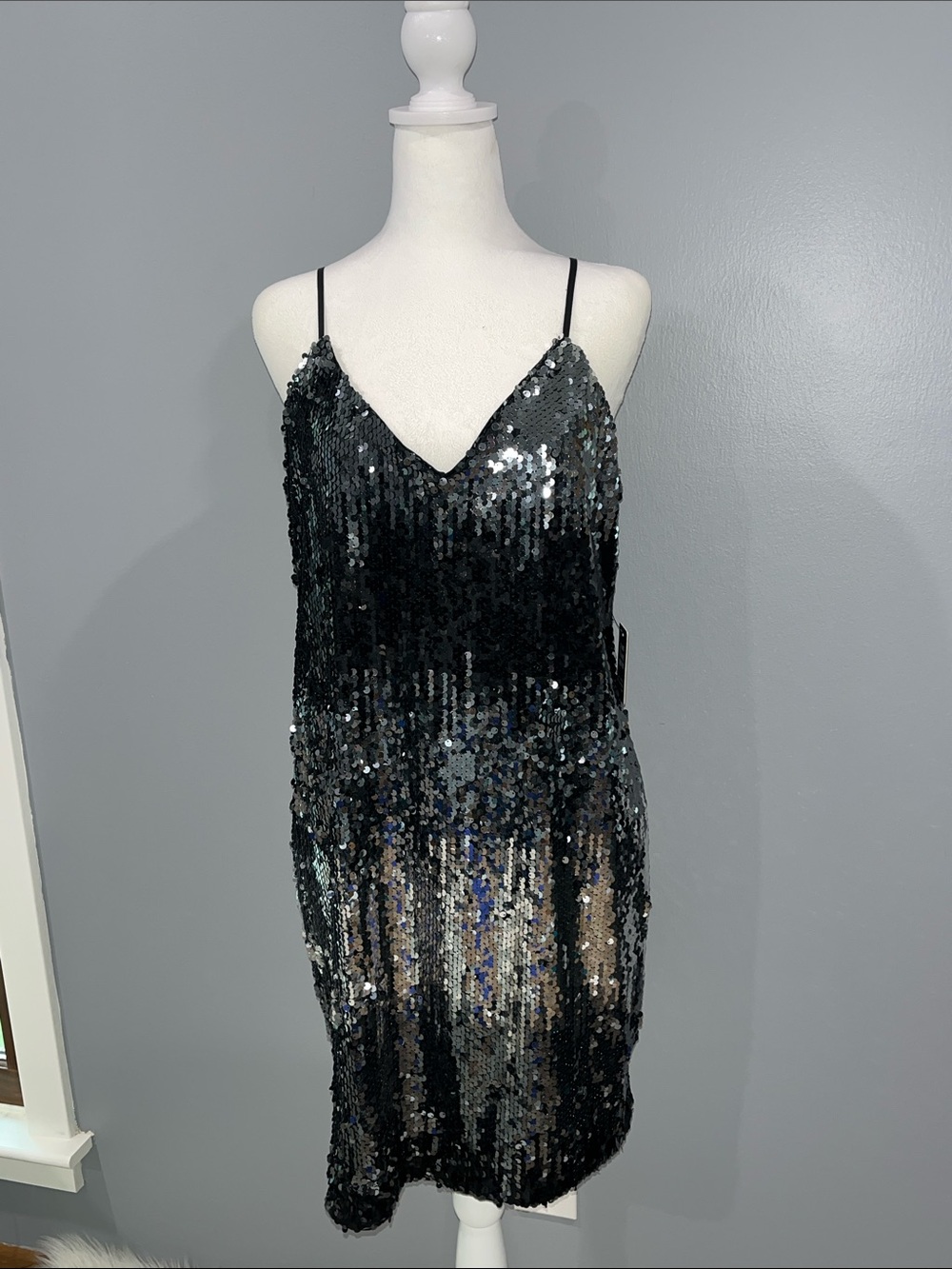 Express Black Sequin Mini Dress with Spaghetti Straps
